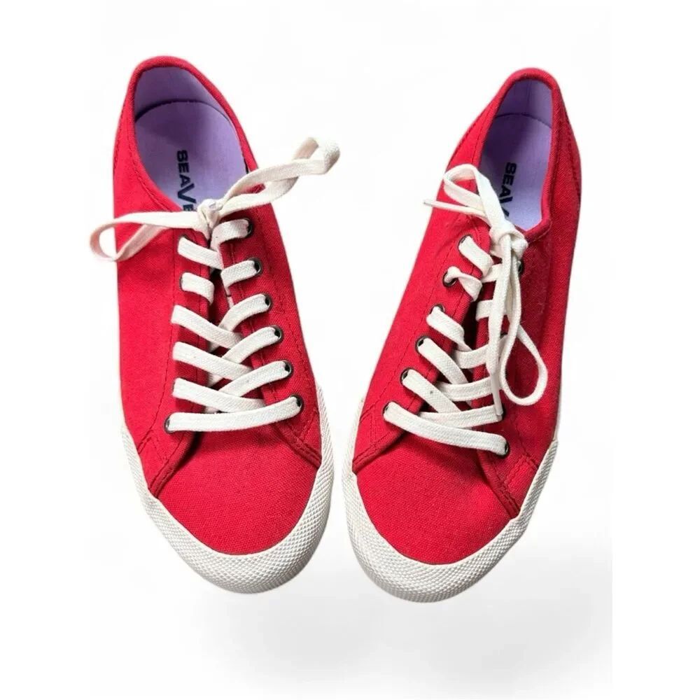 SeaVees Monterey Red Canvas Low-Top Sneakers with White Laces & Purple Bottoms